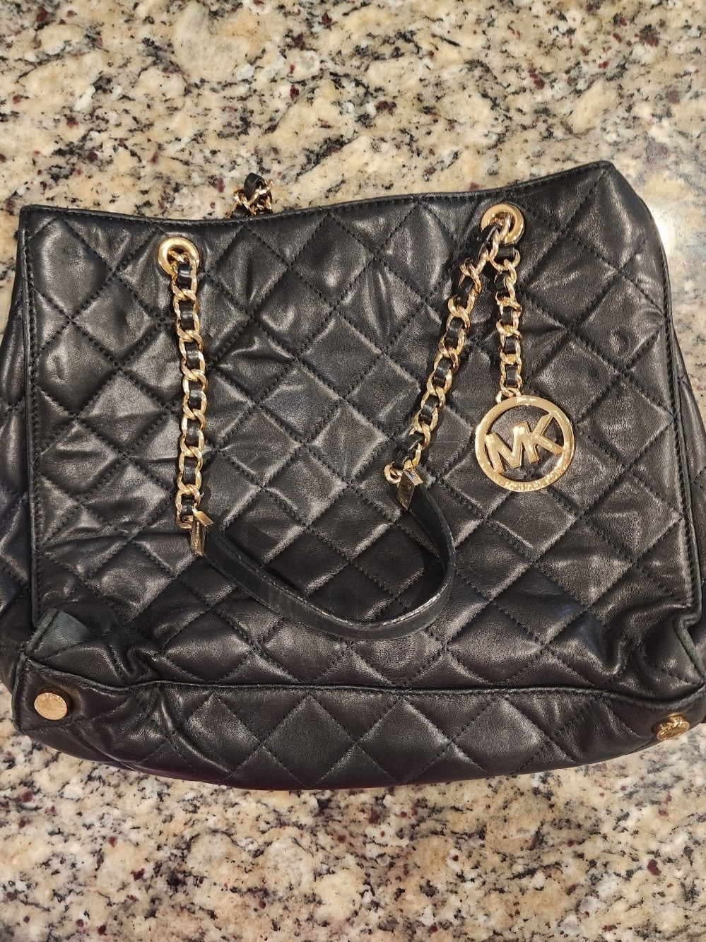 Michael Kors Black Quilted Leather Shoulder Tote with Gold Chain Trim